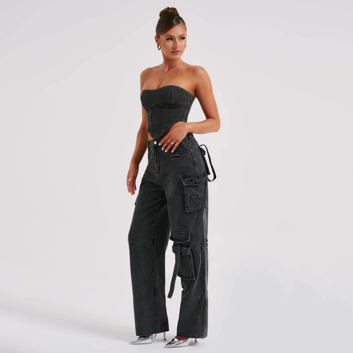 2-teiliges Denim-Set für den Sommer, sexy, rückenfreies Tube-Top und gerade Hose mit mehreren Taschen