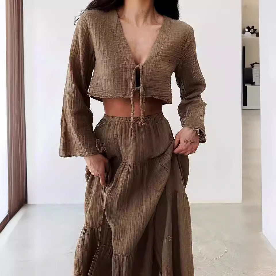 Modischer Cardigan mit V-Ausschnitt, Schnürung, hohem Schlitz, zweiteiliger Anzugrock aus Baumwolle und Leinen