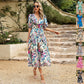 Neue V-Ausschnitt bedrucktes kurzärmliges langes Kleid Sommermode schlanke Strandurlaubskleider für Damen
