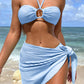 3pcs Solid Color Stripe Swimsuit Sexy Summer Beach Bikini Set Womens Clothing