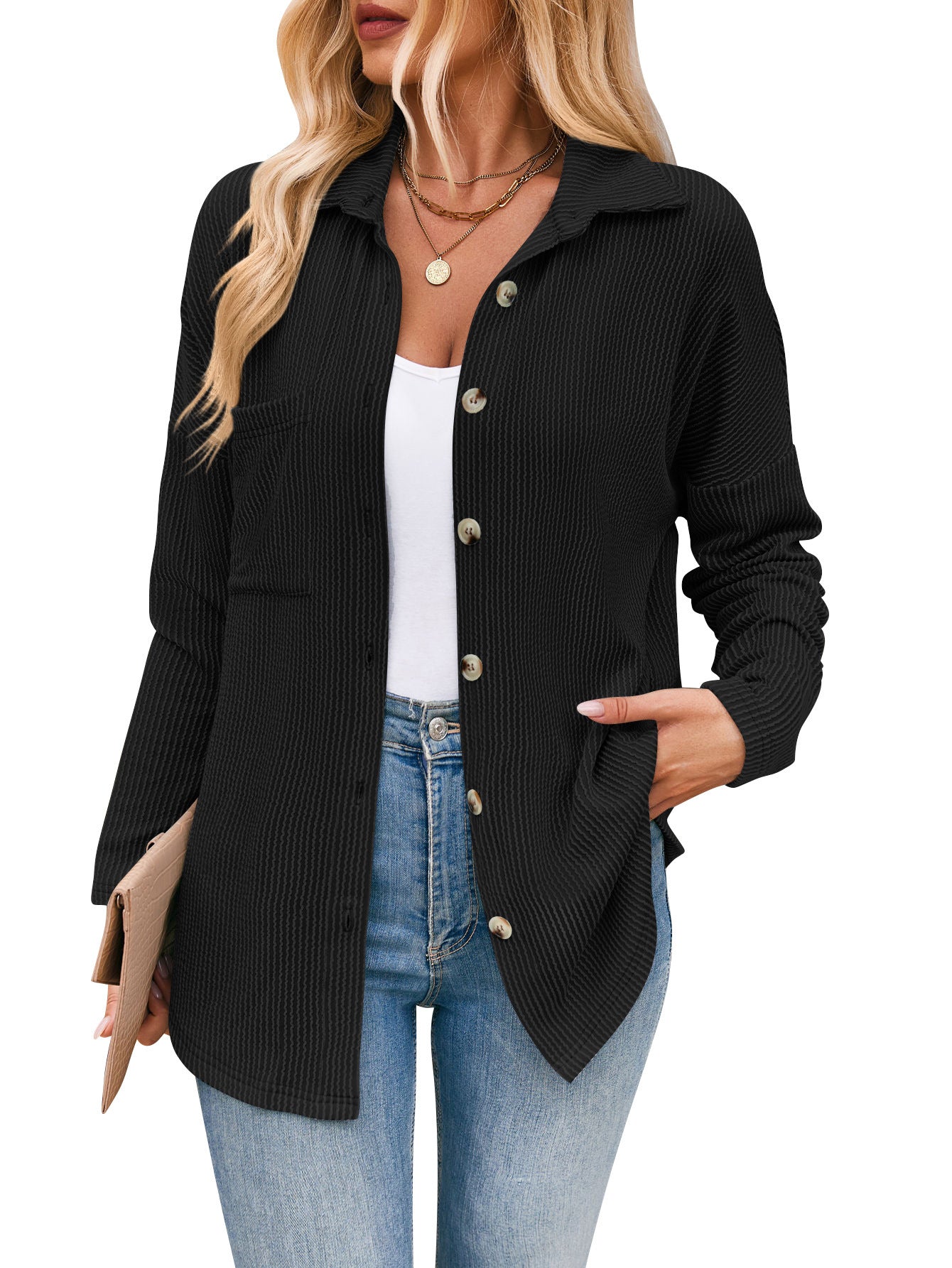 Camicia a maniche lunghe con tasca a contrasto a righe
