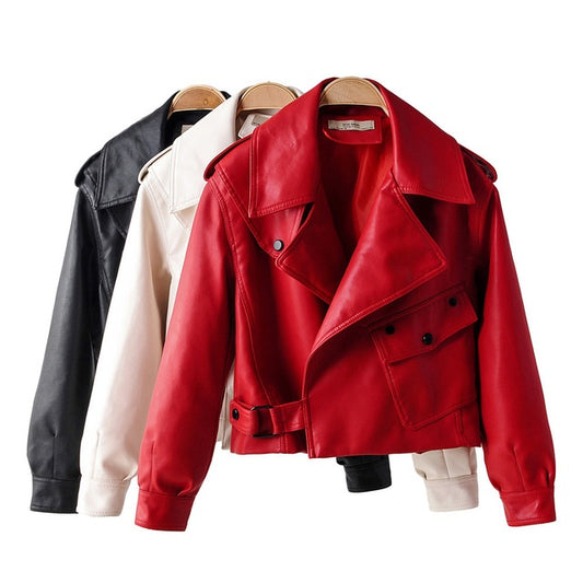 Giacca in pelle PU da donna con giacca corta in pelle lavata