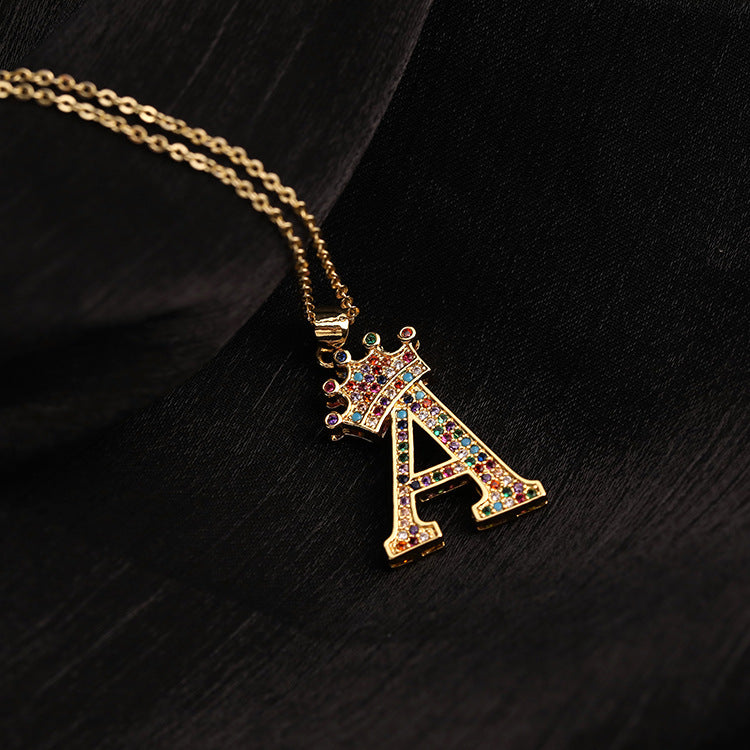 Micro-inlaid Colorful Zircon Hip-hop Personality 26 Letters Pendant Necklace