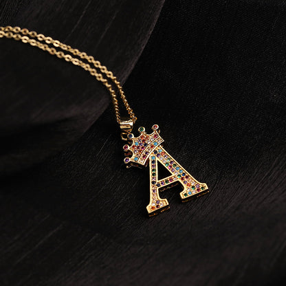 Micro-inlaid Colorful Zircon Hip-hop Personality 26 Letters Pendant Necklace