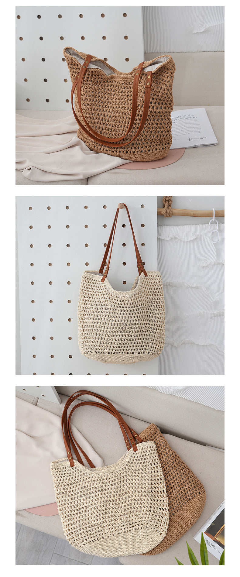 Borsa a mano in paglia leggera intrecciata a maglia cava casual da spiaggia