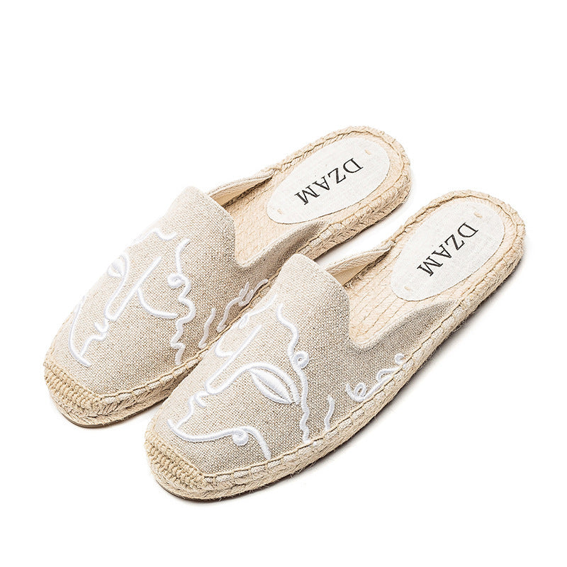 Straw flat embroidered sandals and slippers