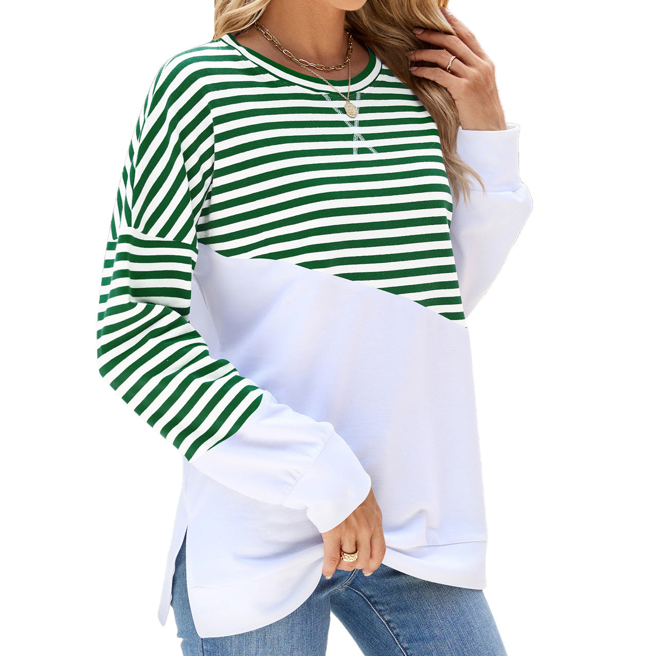 Maglione girocollo casual alla moda con design diviso Abbigliamento da donna