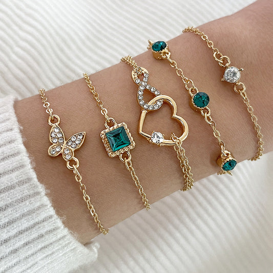 Set di gioielli con braccialetti in cristallo verde Bohemian da 5 pezzi per donna