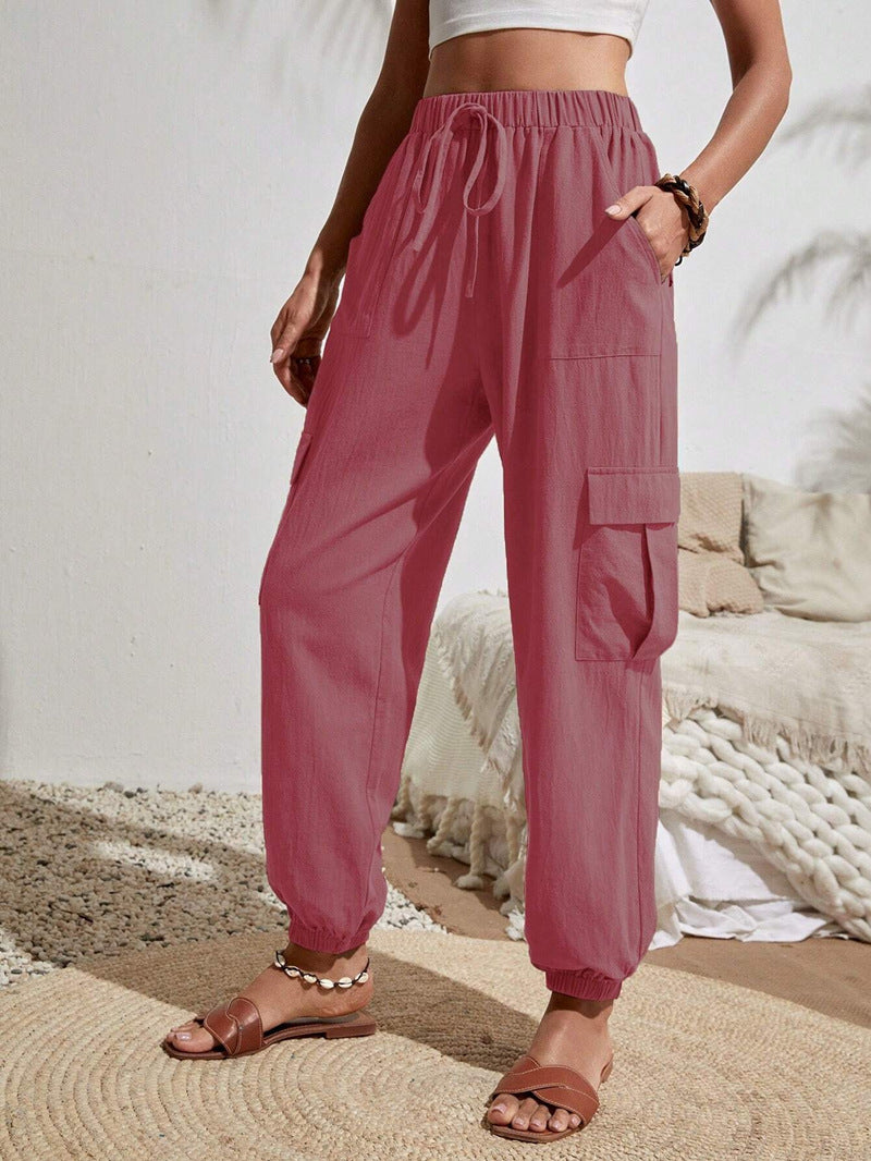 Nuova tuta con coulisse e tasche, pantaloni estivi alla moda, casual, versatili, tinta unita, pantaloni skinny, abbigliamento da donna