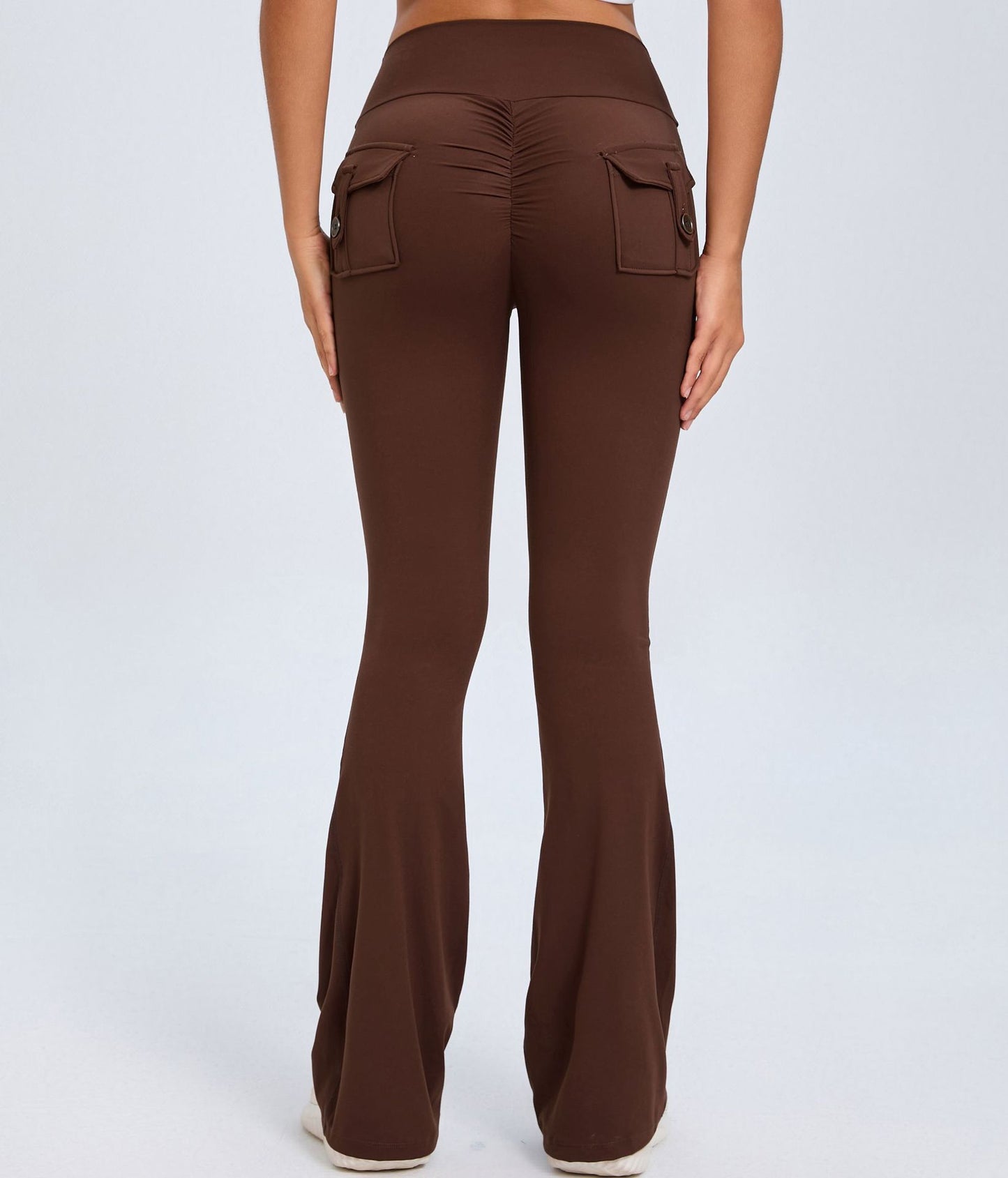 Pantaloni svasati da yoga e fitness con tasche, pantaloni sportivi alla moda a vita alta