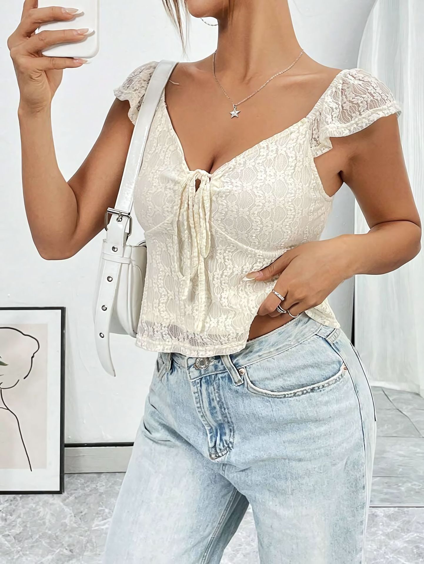 Casual Short Top Lace Lace Band V-neck Top