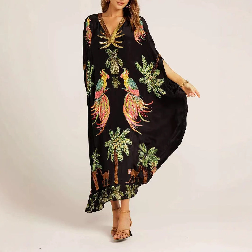 Spring V-neck Print Loose Fashion Dress