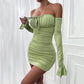 Abito corto a maniche lunghe con spalle scoperte, alla moda e sexy, con pieghe e lacci, abbigliamento da donna