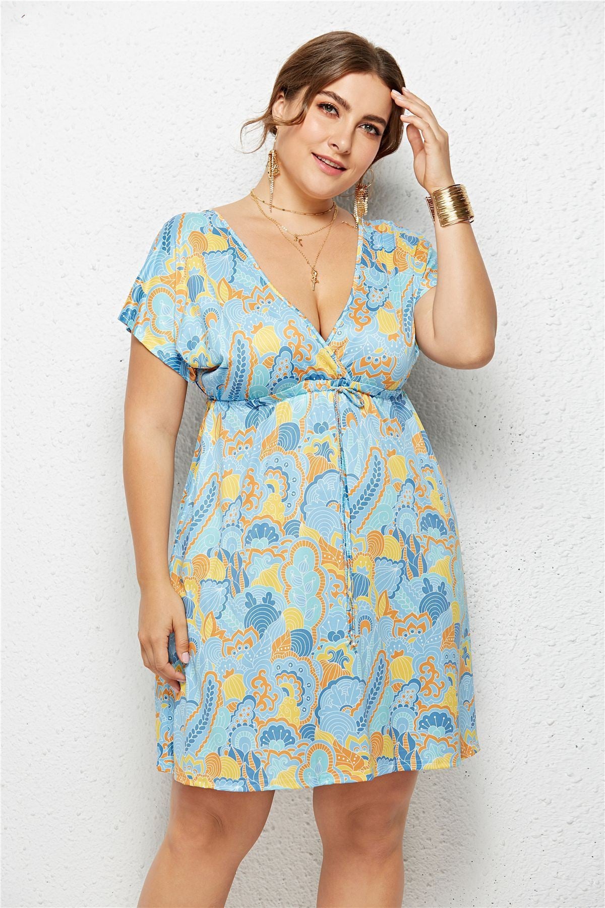 Women Summer Print Dress Casual Deep V Neck Beach