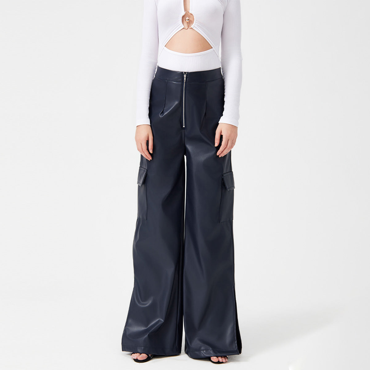 Fashion PU Trousers Metal Zipper Pocket Long Pants