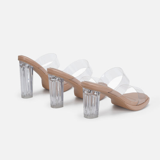 Damen Sandalen mit Knöchelriemen und hohen Absätzen, transparente Kristallschuhe mit dickem Absatz für die Oberbekleidung