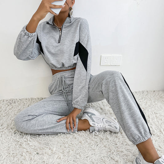 Women's Sports Stand Collar Suit Contrast Color Sweatshirt Two-piece Set
