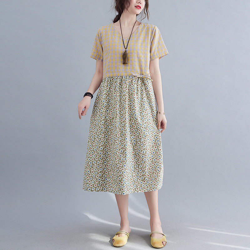 Literatur und Kunst, lockeres Patchwork-Kleid aus Baumwolle und Leinen mit Aufdruck, kurzärmelig für Damen