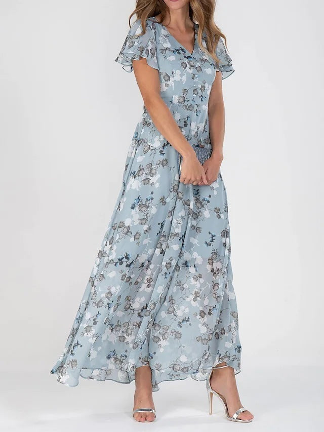 Blumendruck Kurzarmkleid Sommermode Rüschen Strandkleider Damenbekleidung