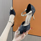 Fashionable Metal Pointed Pearl Women's Satin Flower High Heels