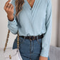 Camicia a maniche lunghe con scollo a V alla moda, elegante, da pendolare, tinta unita, da ufficio, abbigliamento da donna