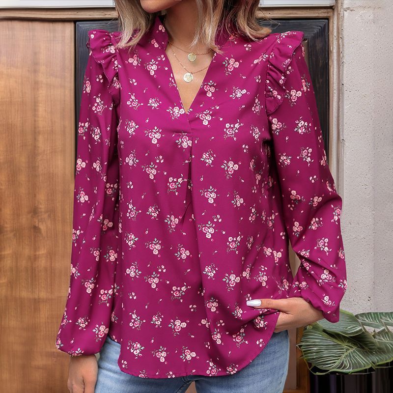 Camicia a maniche lunghe con stampa floreale da donna alla moda