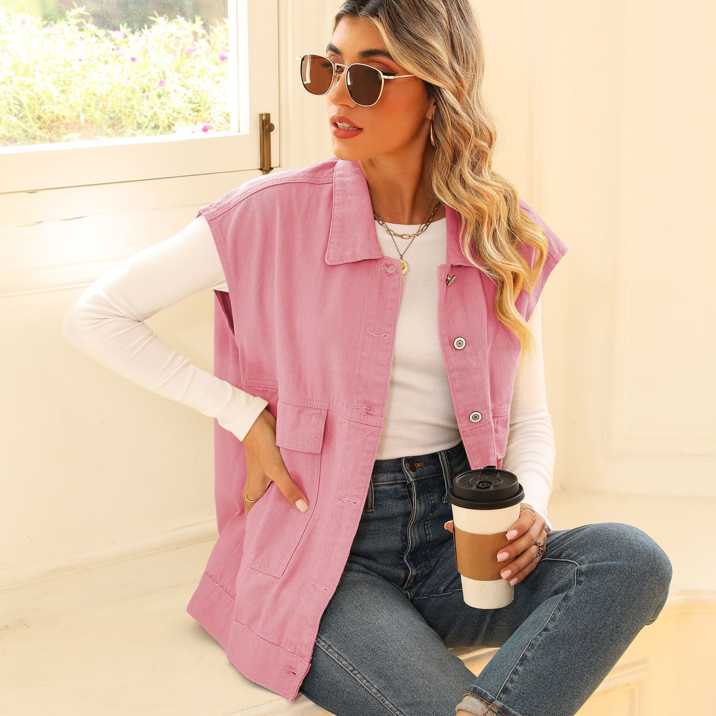 Gilet in denim con grandi tasche, gilet senza maniche alla moda per abbigliamento da donna
