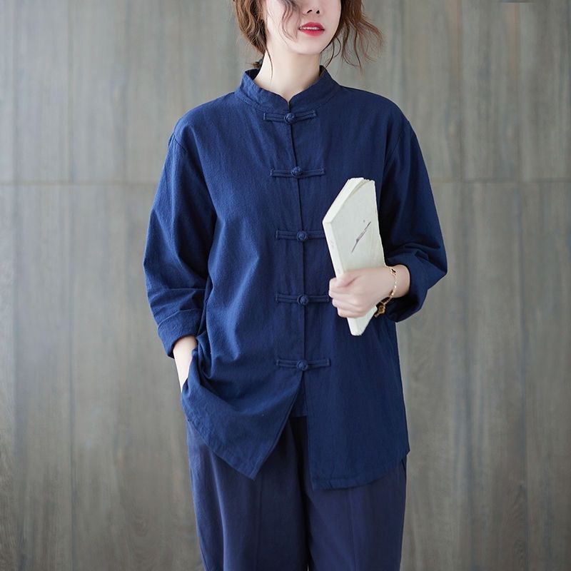 Camicia a maniche lunghe retrò etnica in cotone e lino Tang Suit