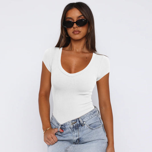 Maglietta aderente con motivo a spirale alla moda, estiva, tinta unita, sexy, a maniche corte, per abbigliamento da donna