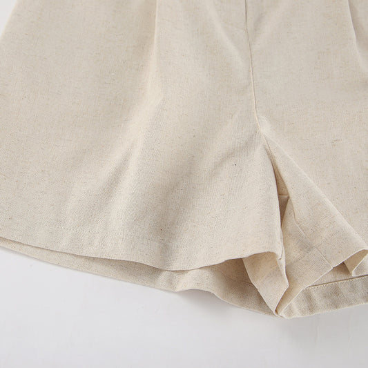 French Style Temperament Cotton And Linen Suit Collar High Waist Casual Jumpsuit