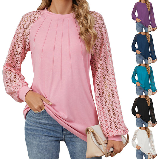 Nuova maglietta a maniche lunghe in pizzo con scollo rotondo, alla moda, ampia e tinta unita, per abbigliamento da donna