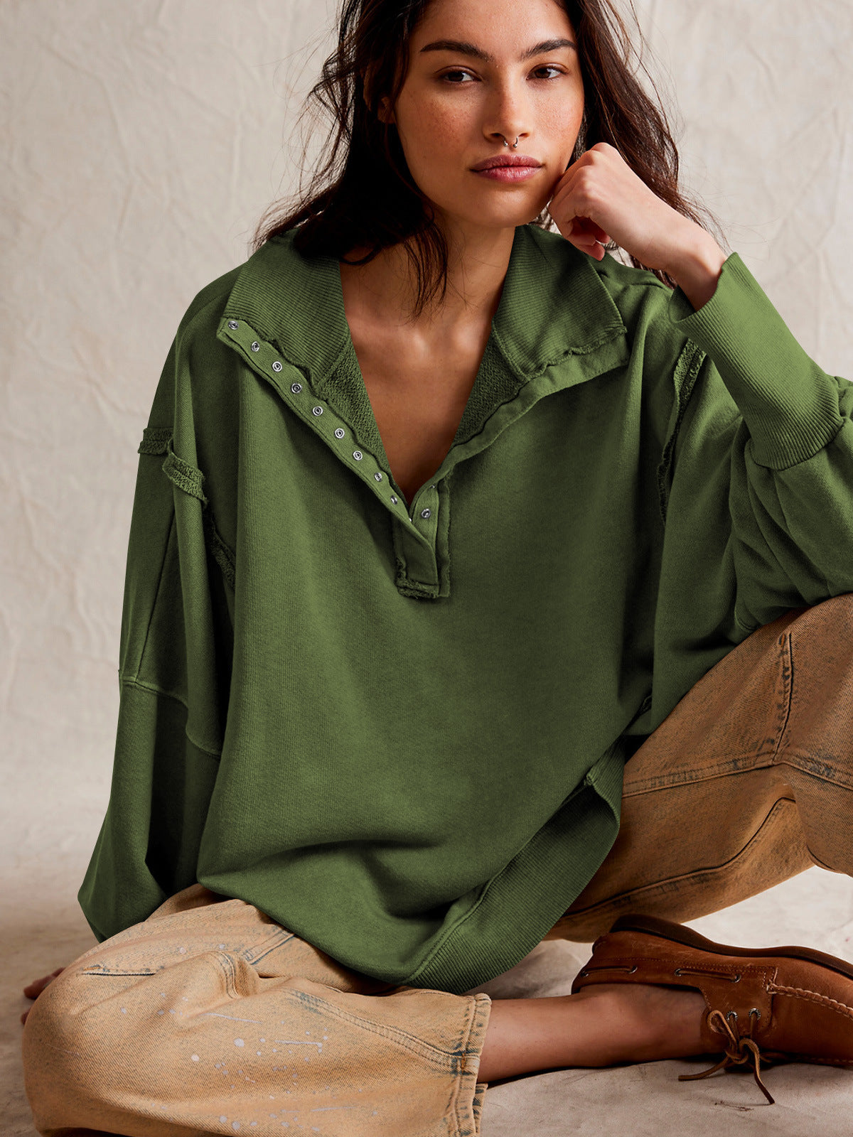 Fashion Button Lapel Sweatshirt With Slit Design Casual Sports Lantern Sleeve Pullover