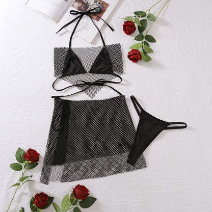 Set di tre pezzi per donna con reggiseno a triangolo con cristalli colorati e cinturino per la biancheria intima