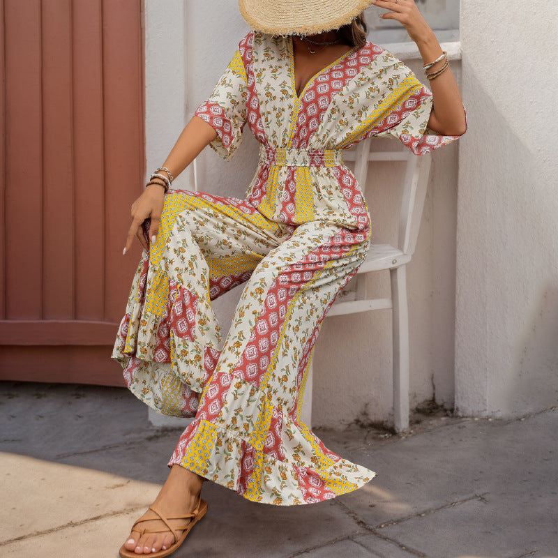 New Bohemian Style Printed Retro Style High Waist One-piece Trousers For Women