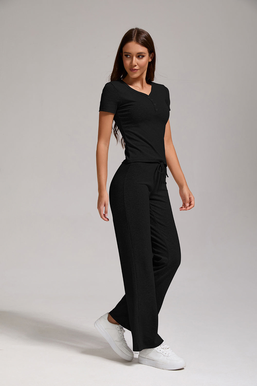 Women's Casual Sports Two-piece Set With V-neck Button