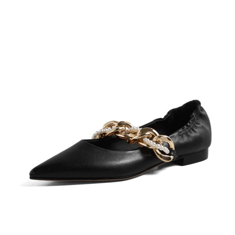 Scarpe Mary Jane da donna con catena di perle e punta affilata