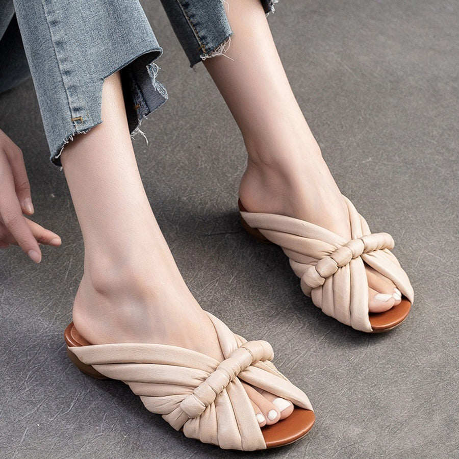 Pantofole piatte da donna estive in vera pelle con cinturino singolo