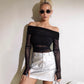 European And American Style Solid Color Slim-fit Fashionable Off-neck Mesh Long-sleeved Top