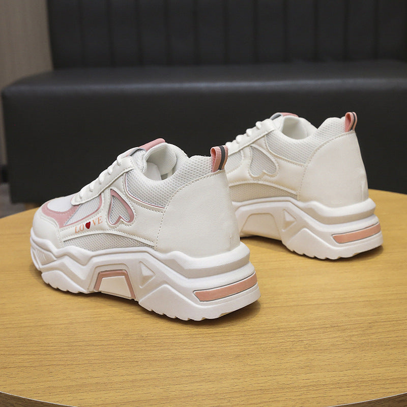 Scarpe da donna bianche con plateau basse e casual sportive primaverili, con aumento dell'altezza