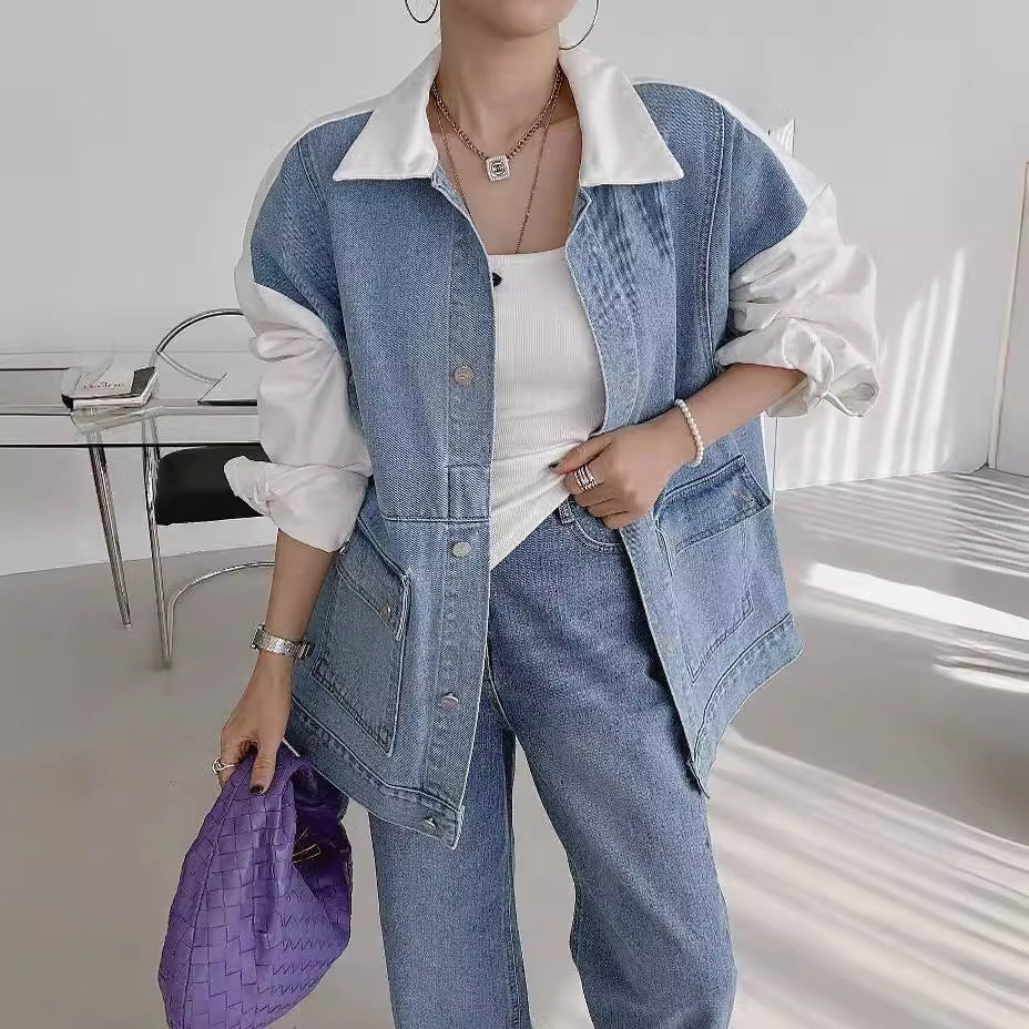 All-matching Fashion Farbe Kontrast Nähte Denim Baggy Mantel Frauen