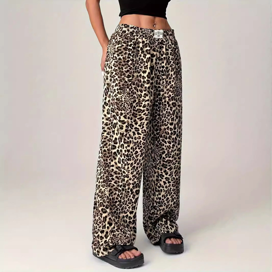 Pantaloni dritti casual stampati con stampa leopardata, pantaloni larghi e larghi per le donne