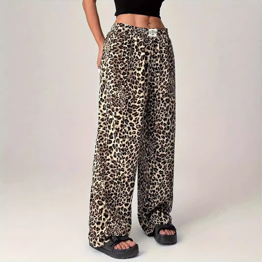 Pantaloni dritti casual stampati con stampa leopardata, pantaloni larghi e larghi per le donne