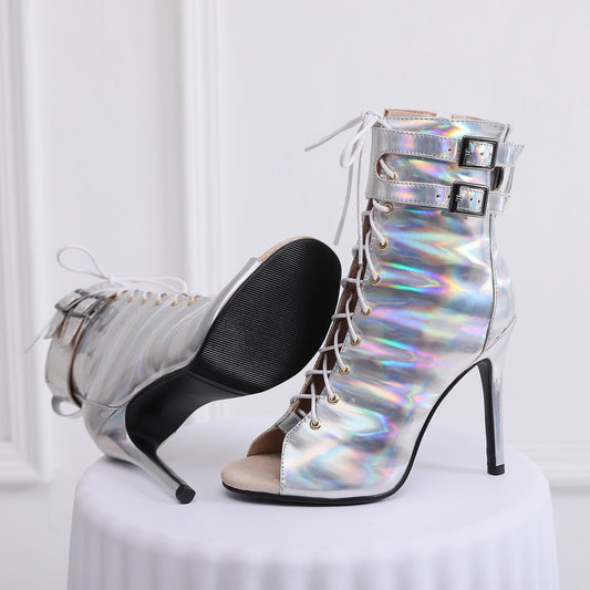 Stiletto-Peep-Toe-Sandalen aus Mesh mit hohem Absatz