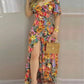 Short Sleeve Printed V-neck Waist-controlled Lace-up Dress
