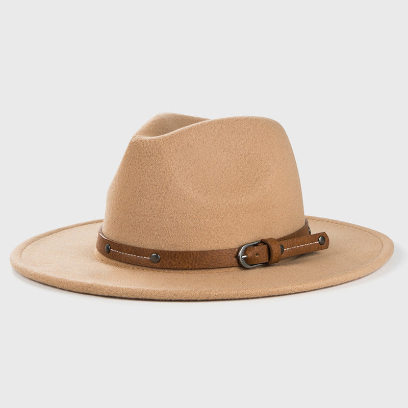 Cintura monocromatica con fibbia in metallo, semplice cappello da cowboy jazz a tesa larga