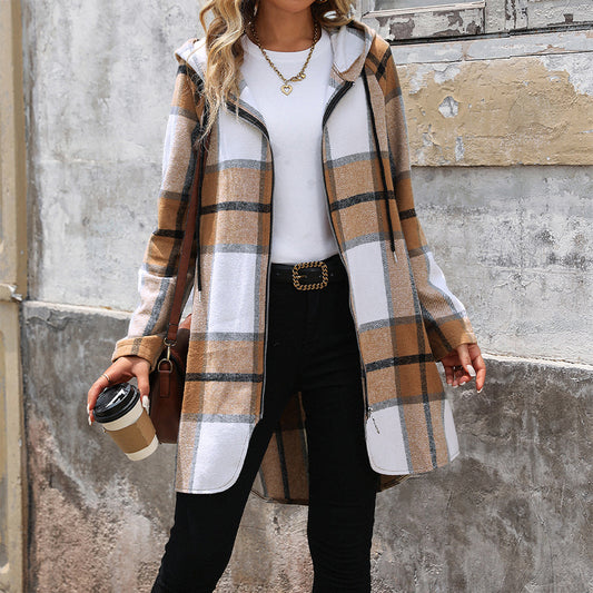 Women's Plaid Loose-fitting Casual Hooded Coat