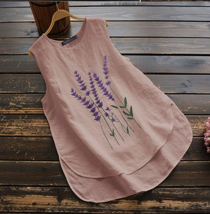 Gilet casual da donna in cotone e lino, senza maniche, con scollo a giro, ricamato estivo