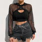 Solid Color Mesh Hollow Out Hooded Loose Smock Top