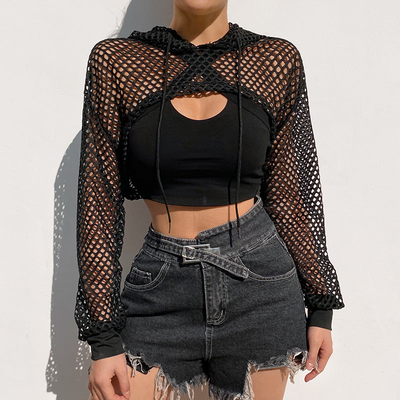 Solid Color Mesh Hollow Out Hooded Loose Smock Top
