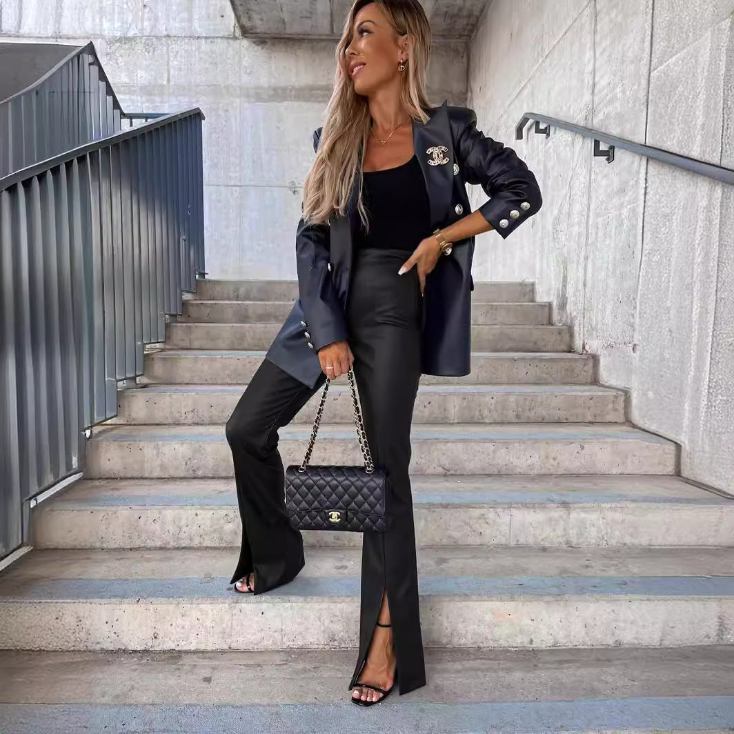 Pantaloni in pelle con spacchi, eleganti e alla moda, vestibilità slim casual da donna